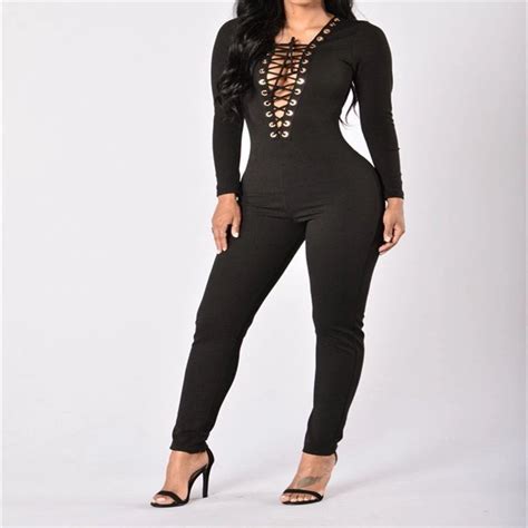 Deep V Neck Skinny Sexy Lace Up Jumpsuit Long Sleeve Black Romper Women Sexy Jumpsuit Plus Size