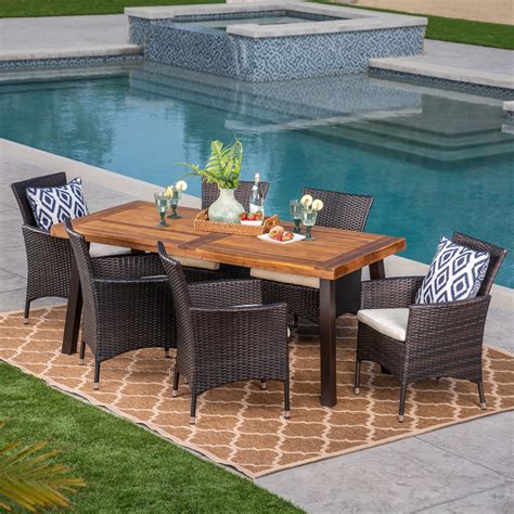 Outdoor 7 Piece Acacia Woodwicker Dining Set With Cushions Multibrown