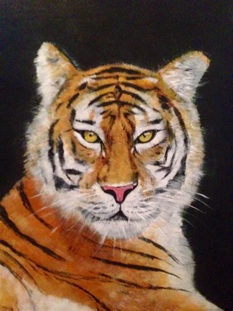 A Painting Of A Tiger Sitting Down With Its Eyes Open And One Eye Wide Open