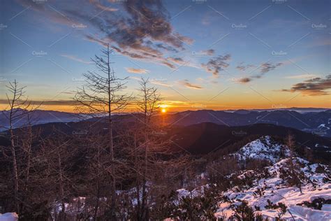 Sunrise In The Snowy Mountains High Quality Nature Stock Photos