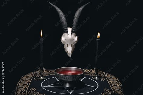 Altar For Satanic Rituals Witchcraft Composition With Goat Skull