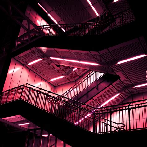 Download Wallpaper 3415x3415 Stairs Construction Design Neon Lights