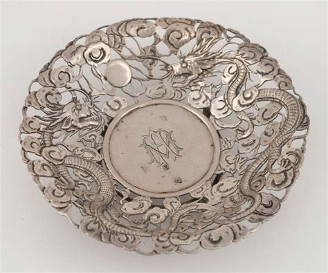 Woshing Antique Chinese Export Silver Pierced Bowl With Dragon Zother Oriental