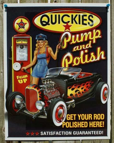 Quickies Pump N Polish Tin Sign Man Cave Garage Pin Up Girl Oil Gas Hot Rod 13a The Wild Robot
