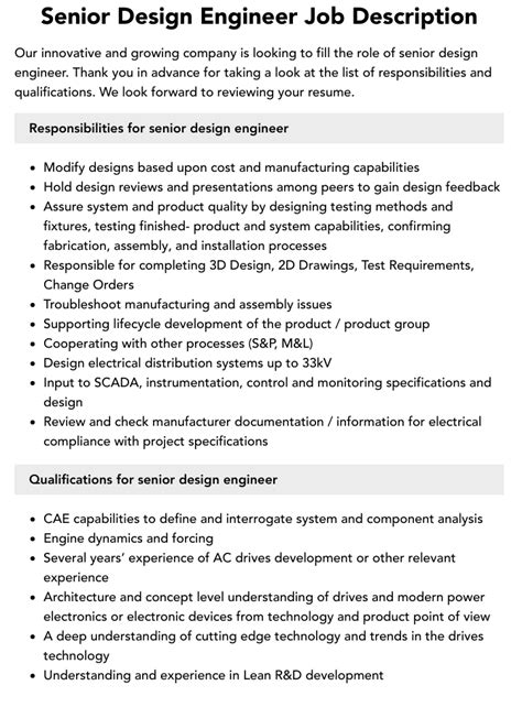 Senior Design Engineer Job Description Velvet Jobs