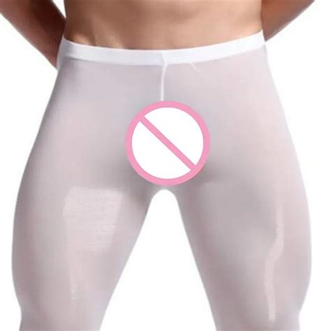 sexy men s ice silk thermal underwear pants see through warm long john elastic tights leggings