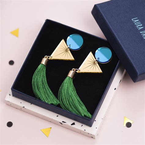 Geometric Green Tassle Party Earrings By Laura Danby