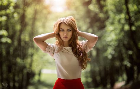 wallpaper sunlight forest women outdoors redhead depth of field long hair blue eyes