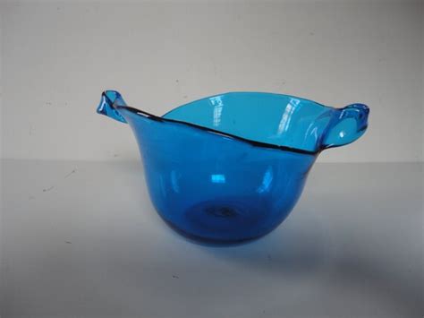 Vintage Peacock Blue Blenko Glass Bowl Hand By Bonneyhillshop