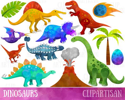 Watercolor Dinosaurs Clipart Prehistoric Clip Art Etsy