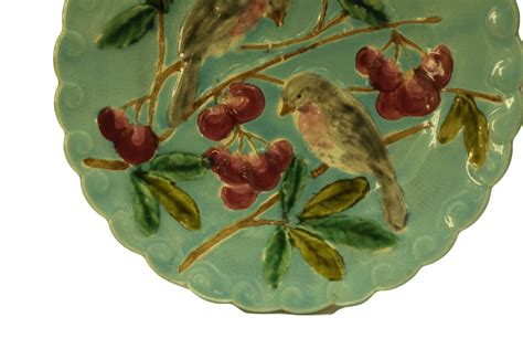 Turquoise Majolica Bird Plate With Cherries French Antique
