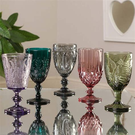 Set Of Four Vintage Embossed Coloured Wine Glasses By Dibor Colored