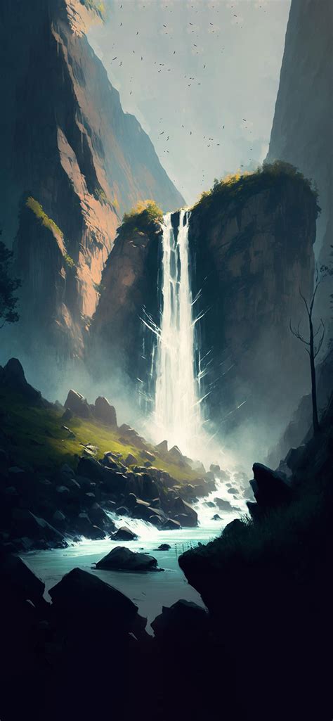 Waterfall And Mountains Art Wallpaper Waterfall Aesthetic Wallpaper