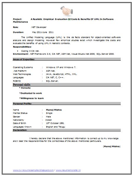 A cv, short form of curriculum vitae, is similar to a resume. Over 10000 CV and Resume Samples with Free Download: Fresher Resume Sample