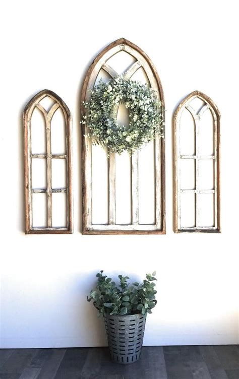 Rustic White Set Of 3 Farmhouse Wooden Cathedral Window