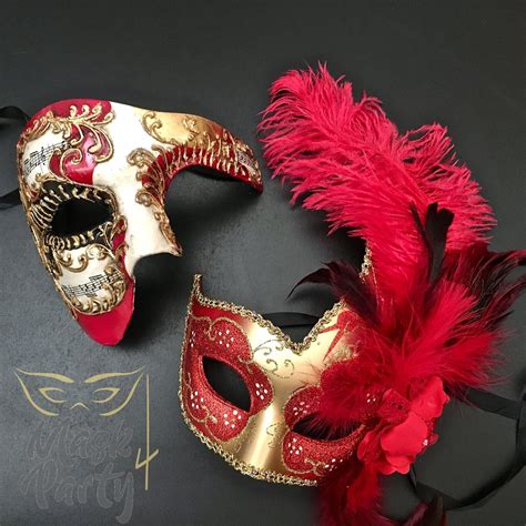 masquerade half face phantom and venetian feather red gold gold masquerade mask couples