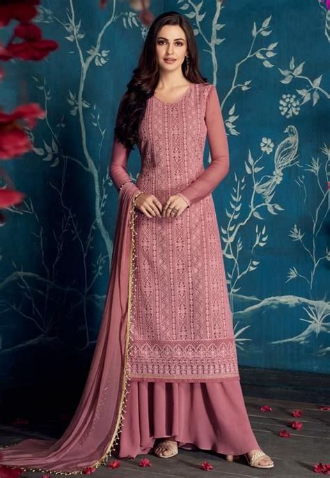 Blush Pink Embroidered Palazzo Pant Suit Kurti Designs Party Wear Indian Fashion Dresses