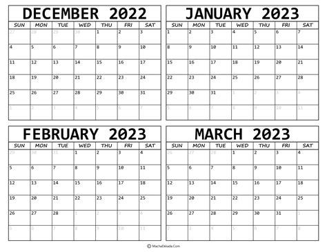 Printable December 2022 To March 2023 Calendar Desk And Wall Time