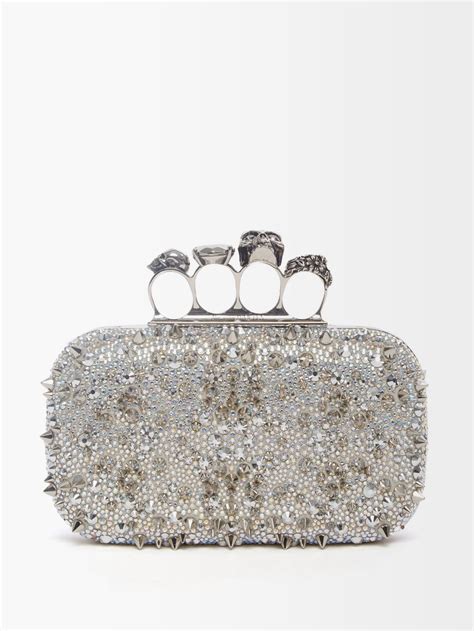 Silver Skull Four Ring Studded Crystal Clutch Bag Alexander Mcqueen