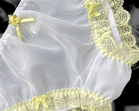 White Frilly Lace Sissy Sheer Nylon Satin Rose Bows Panties Knickers