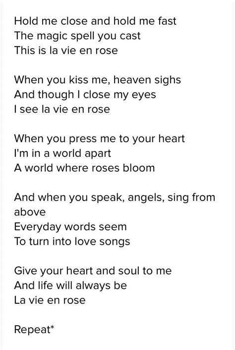 La vie en rose est une chanson d'édith piaf, sortie en mai 1945. la vie en rose- lyrics- english (With images) | Lyrics ...