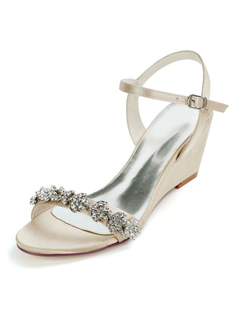 Ivory Wedding Shoes Satin Rhinestones Open Toe Wedge Heel Bridal Shoes