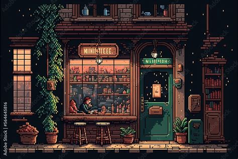 Pixel Art Coffee Shop In Park With Trees Facade Of Old Coffee Shop