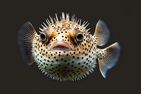 Swollen Puffer Fish With Spikes On Mottled Body Isolated Against Dark