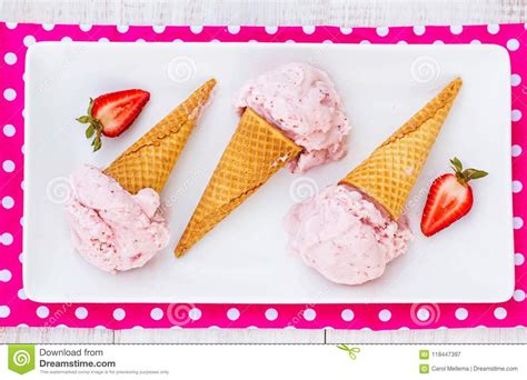 Strawberry Ice Cream In Cones With Red Fruit From Above Stock Image