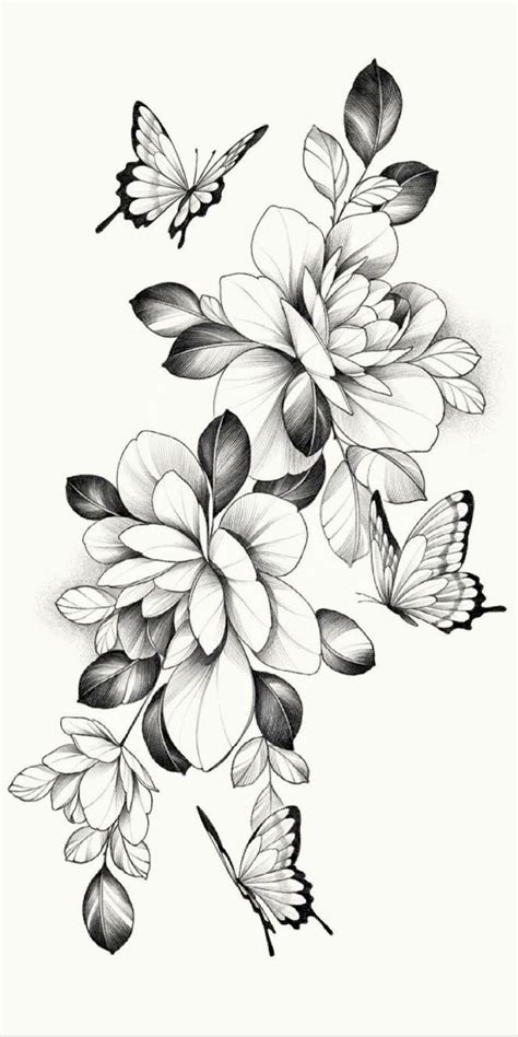 Black And White Flowers With Butterflies Flying Around