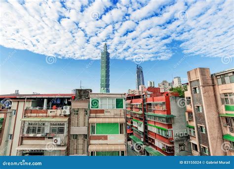 View Of Old Apartment Buildings And Taipei 101 Editorial Stock Image