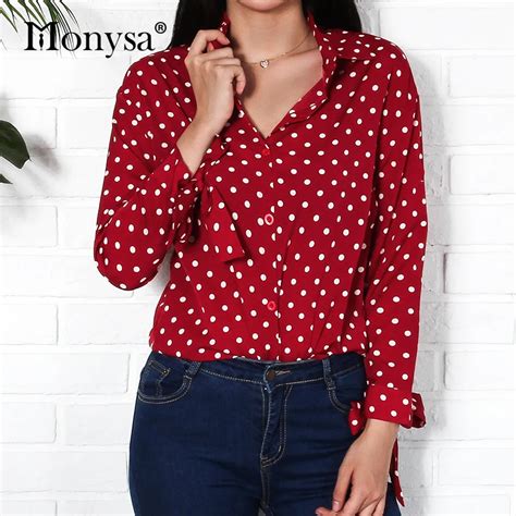 Red Vintage Polka Dot Shirts Women 2018 Autumn New Arrival Fashion Bow Long Sleeve Blouses