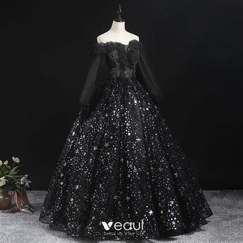 victorian style black prom dresses 2020 ball gown off the shoulder puffy long sleeve star