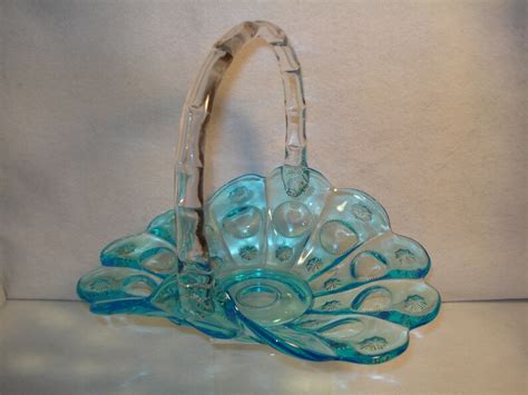 Rare Vintage Light Blue Glass Basket Clear Glass Handle Etsy