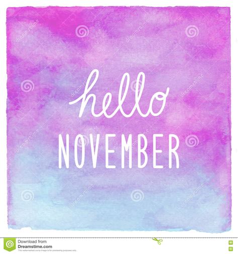 Hello November Text On Blue And Purple Watercolor Background Stock