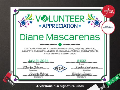 Girl Scout Volunteer Appreciation Certificate Pdf Template Etsy