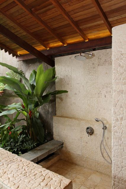 Semi Outdoor Shower Room Tropical Patio By Iwan