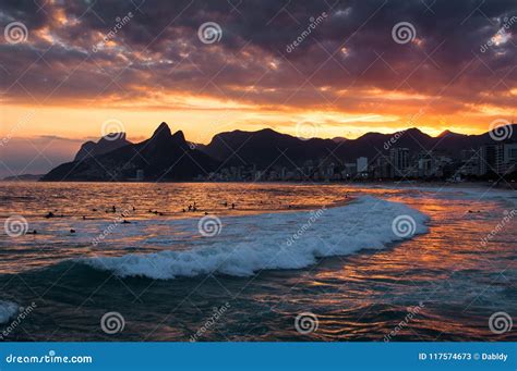 Beautiful Sunset View In Rio De Janeiro At Ipanema Beach Stock Image