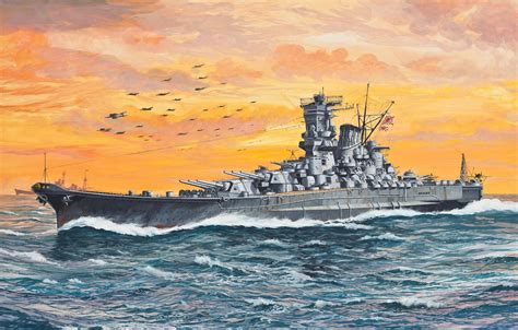 Wallpaper Ship Navy Battleship Ww2 Art Linear Japanese Yamato