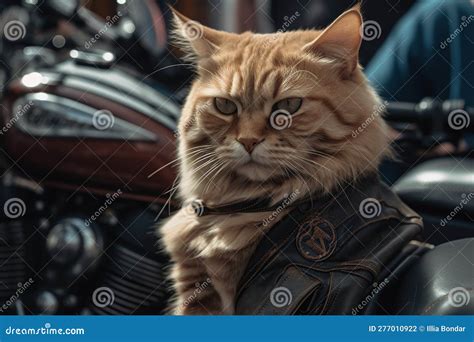 Cat Biker In A Leather Jacket Driving A Motorcycle Rides Enjoy Ride