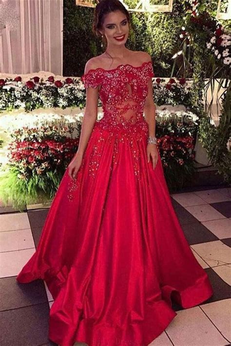 Luxurious Red Prom Dresses Off The Shoulder Beads Sequins Stretch Satin