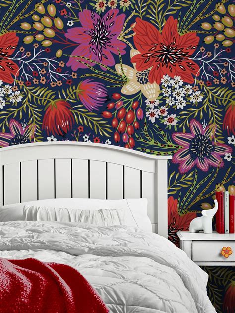 Bold Flowers Repositionable Wallpaper Peel And Stick Fabric Etsy
