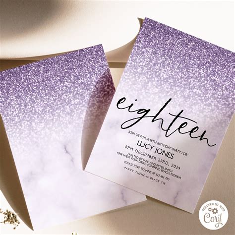 Editable Th Birthday Party Invitation Th Invite Lilac Glitter Marble Instant Download