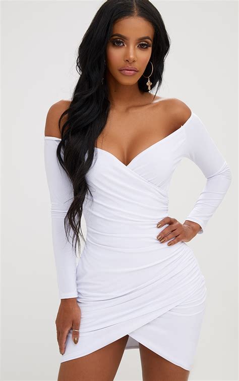 Shape White Ruched Bardot Bodycon Dress Prettylittlething