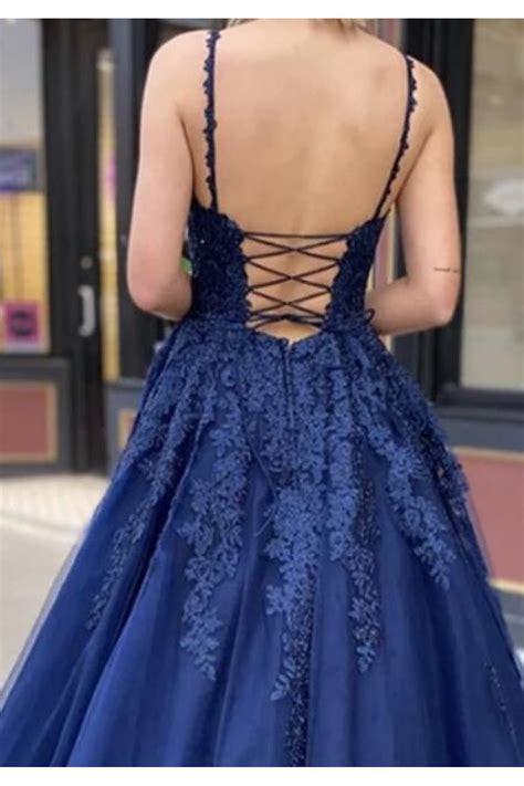 A Line Spaghetti Straps Lace V Neck Long Prom Dresses Formal Evening Gowns 601831