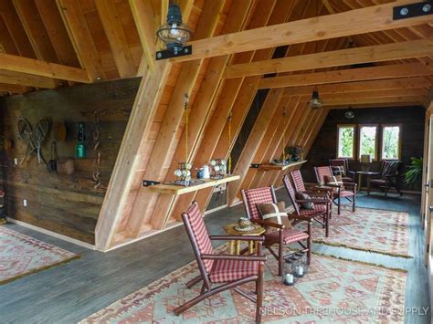 The Inside Of An Attic With Wooden Walls And Ceiling Beams Chairs And