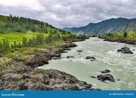Summer Landscape Of Fast Mountain River Katun With Teldykpen Rapids