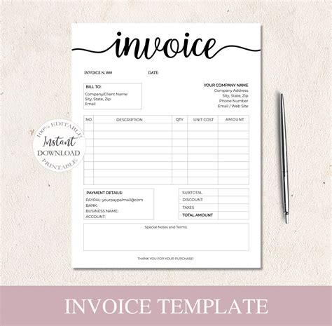 Invoice Template Editable Small Business Printable Invoice Etsy