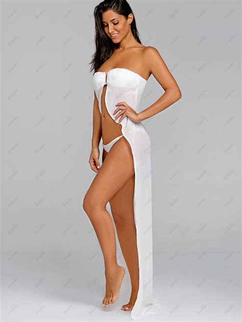 66 Off 2020 Open Front Strapless Bikini With Cover Up In White Dresslily