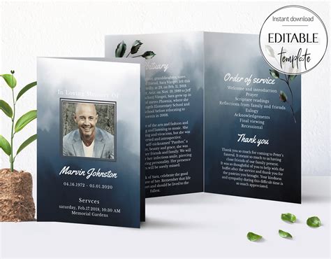 Editable Funeral Program Template Blue Funeral Service | Etsy